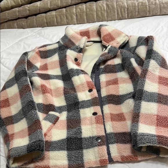 Maurices Jackets & Blazers - Plaid Sherpa Jacket in Pink, Gray, and Cream